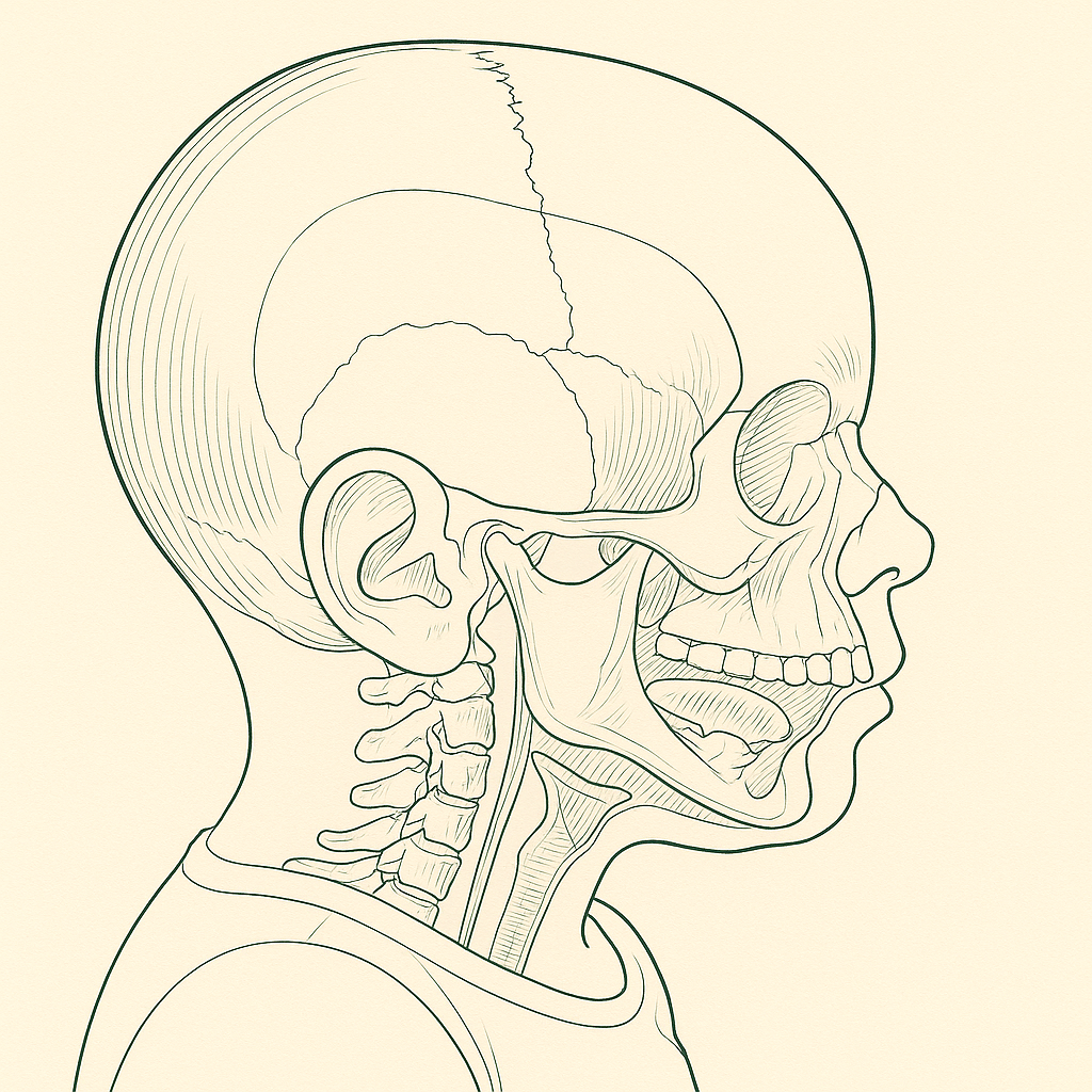 Anatomical line illustration of the same head showing the developing airway