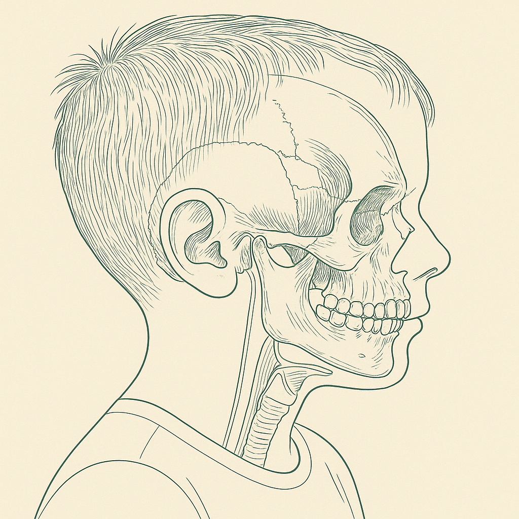 Anatomical line illustration of the same head showing the growing jaw and airway