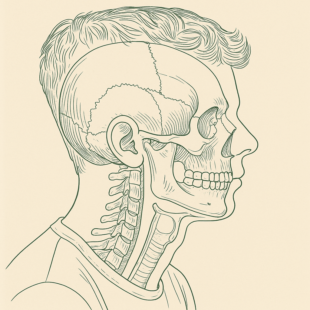 Anatomical line illustration of the same head showing the set jaw and narrowed airway