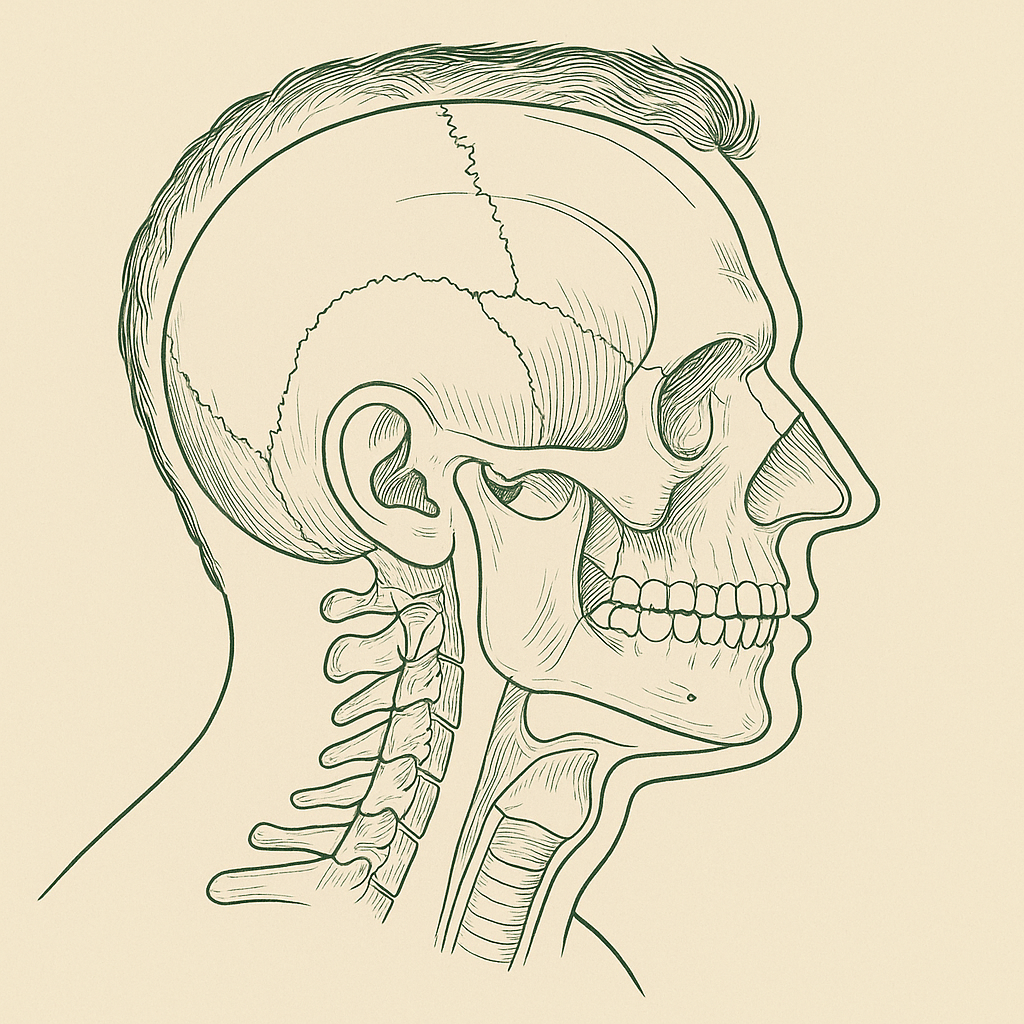 Anatomical line illustration of the same head showing the jaw, airway and accumulated structure